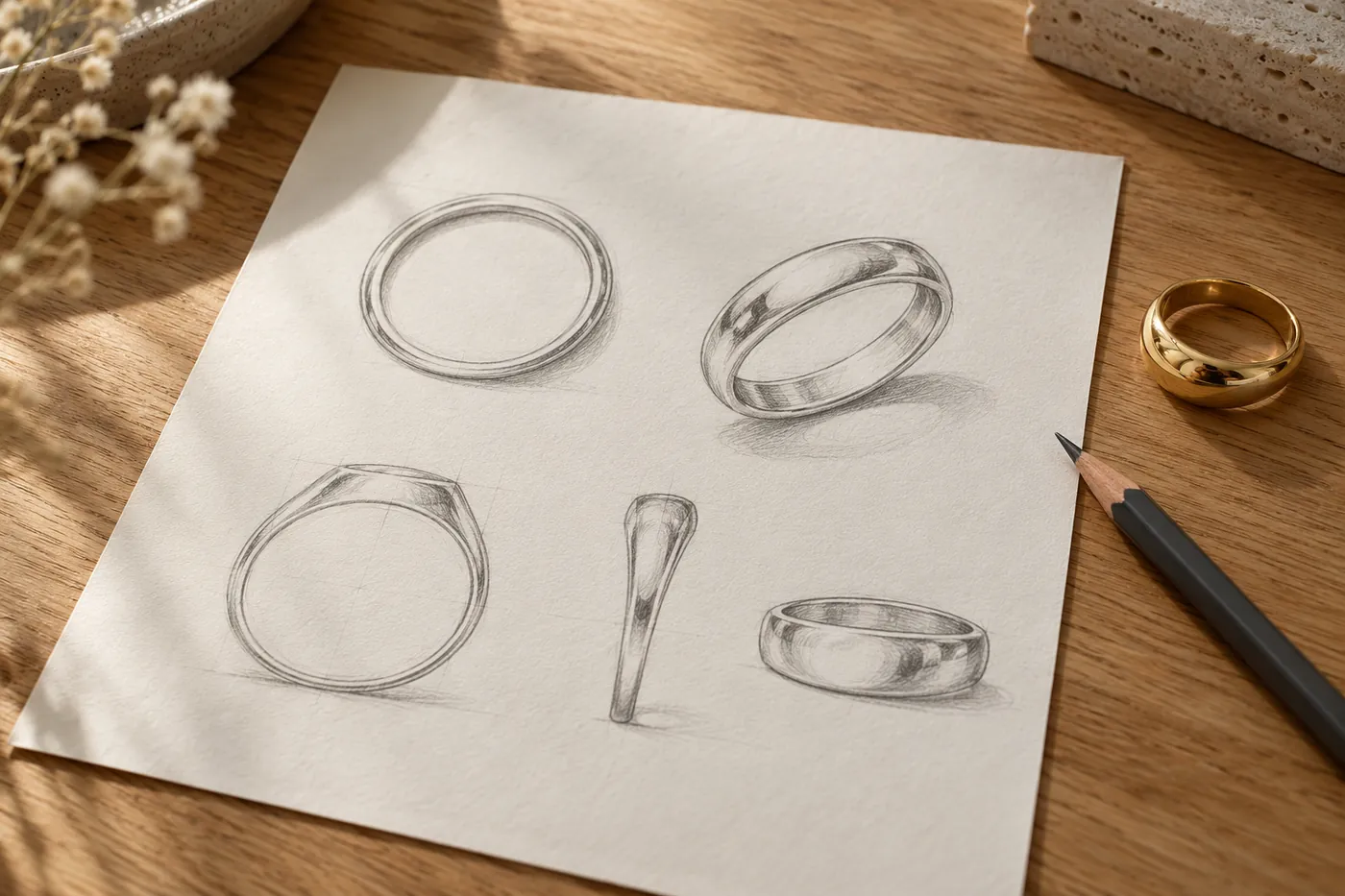 Illustration: Bleistiftskizzen von Ringen auf Papier, daneben ein Stift und ein kleiner Goldring