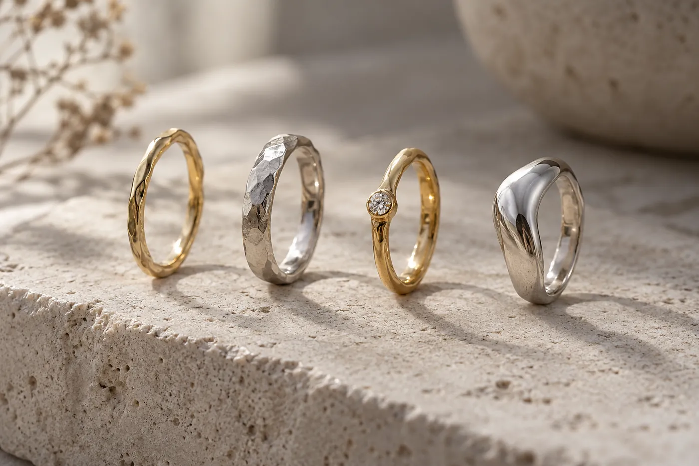 Illustration: vier verschiedene Ringe aus Gelb- und Weißgold stehen auf einer hellen Kalksteinplatte